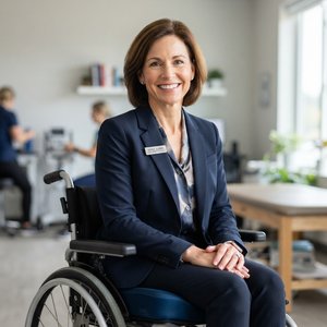 Seating and mobility specialist reviewing a gel wheelchair cushion at a clinic fitting