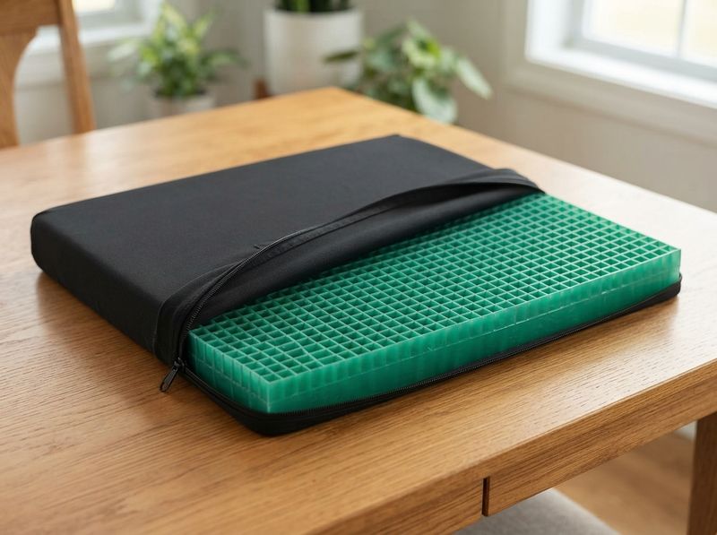 Removable stretch cover of a Medline EquaGel Balance cushion beside its gel core