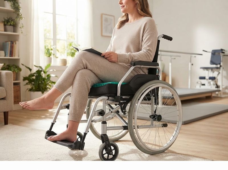 Care aide sliding an EquaGel Straight Comfort cushion into a wheelchair sling seat