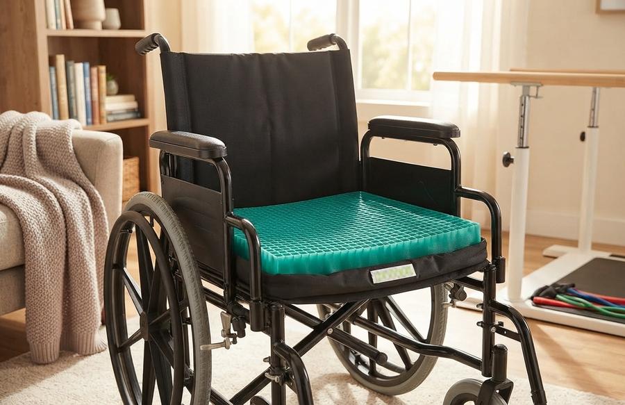 EquaGel Protector cushion with its contoured pelvic well on a clinic mat table