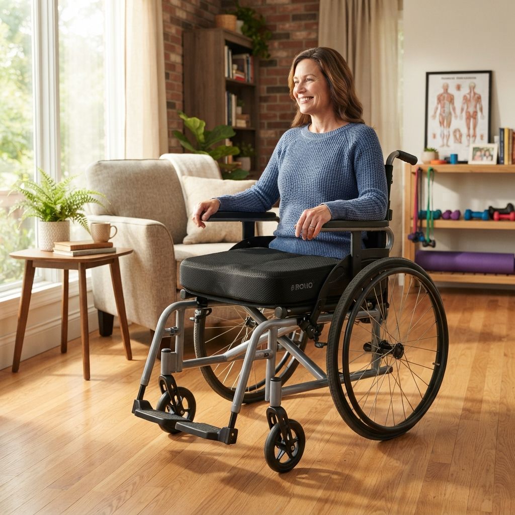 EquaGel gel cushion on a manual wheelchair in a sunlit living room
